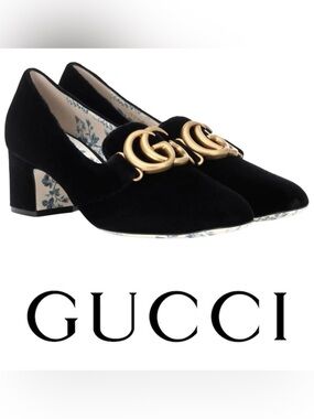 New Authentic Gucci GG Marmont Black Velvet Block Heel Pumps 38.5 sz 8-8.5 $995+